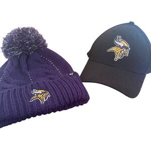 Minnesota Vikings Hat Set 47 Brand Purple Cable Knit Pom Beanie & Black Ball Cap